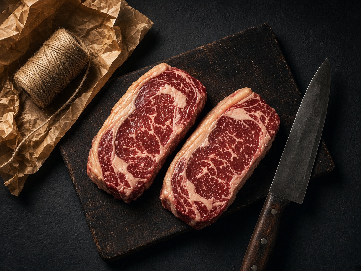 Raw marbled steaks on a dark butcher board with twine and a knife